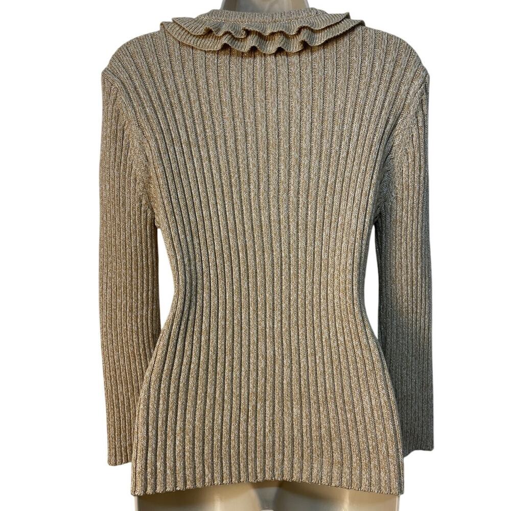 Ruby Rd Long Sleeve V-Neck Button-Up‎ Cardigan Ruffled Front Color Beige Size L - Picture 2 of 7